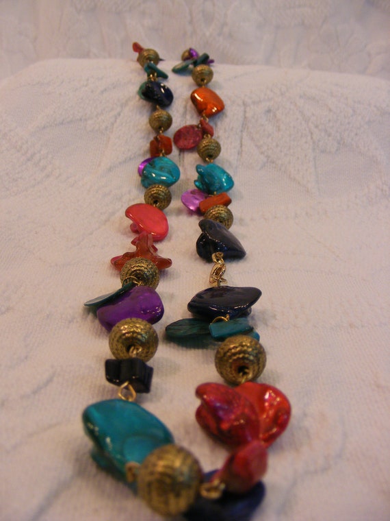 Abalone and Brass Bead Long Necklace, Dyed Abalon… - image 3