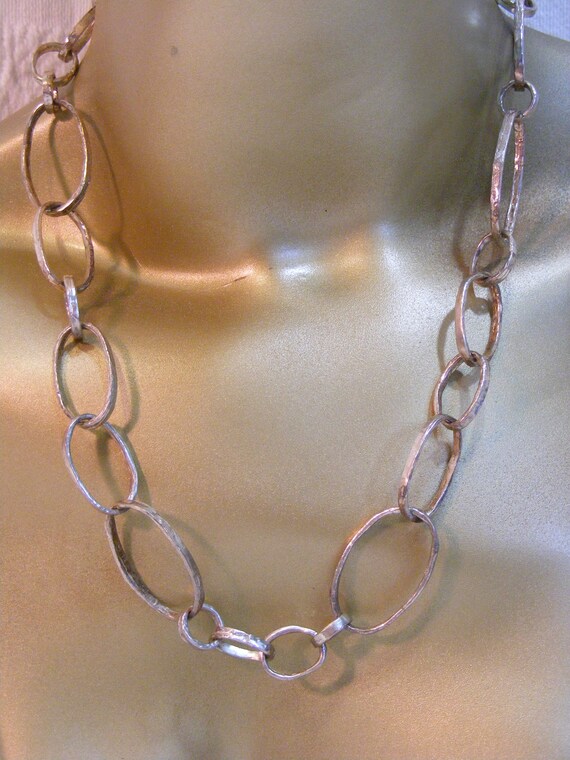 Large Oval Link Necklace, Hammered Silver Look