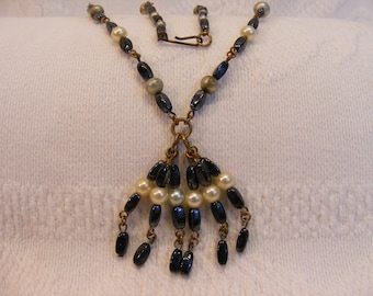 Antique Handmade Pearl and Hematite Brass Link Necklace