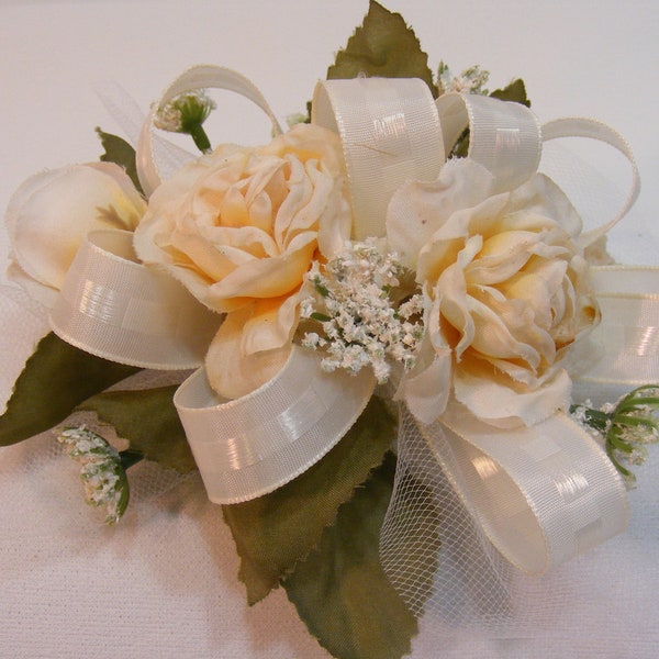 Wrist Corsage Creamy Antique Roses Queen Anne's Lace Ribbon Loops