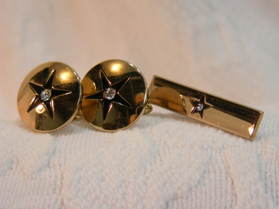 Vintage Cuff Links and Tie Bar Set, Gold Tone wit… - image 1
