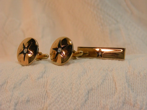 Vintage Cuff Links and Tie Bar Set, Gold Tone wit… - image 2