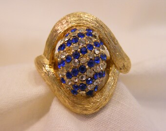 Vintage Blue and Clear Rhinestone Pave Style Dome Ring, Adjustable Ring