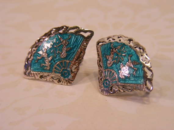 Siam Silver Enamel Screw Back Earrings, Asian Fan… - image 1