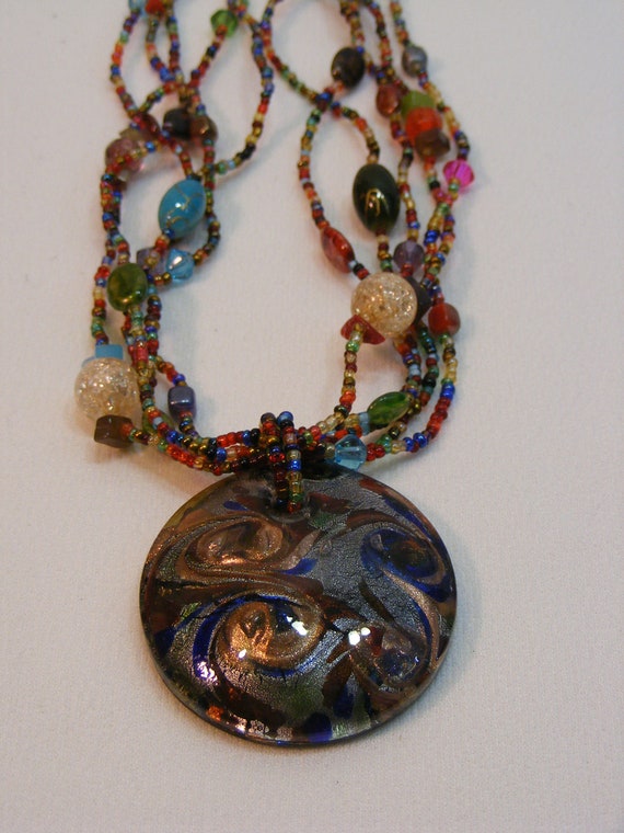 Dichroic Glass Pendant on Five Strand Seed Bead N… - image 1