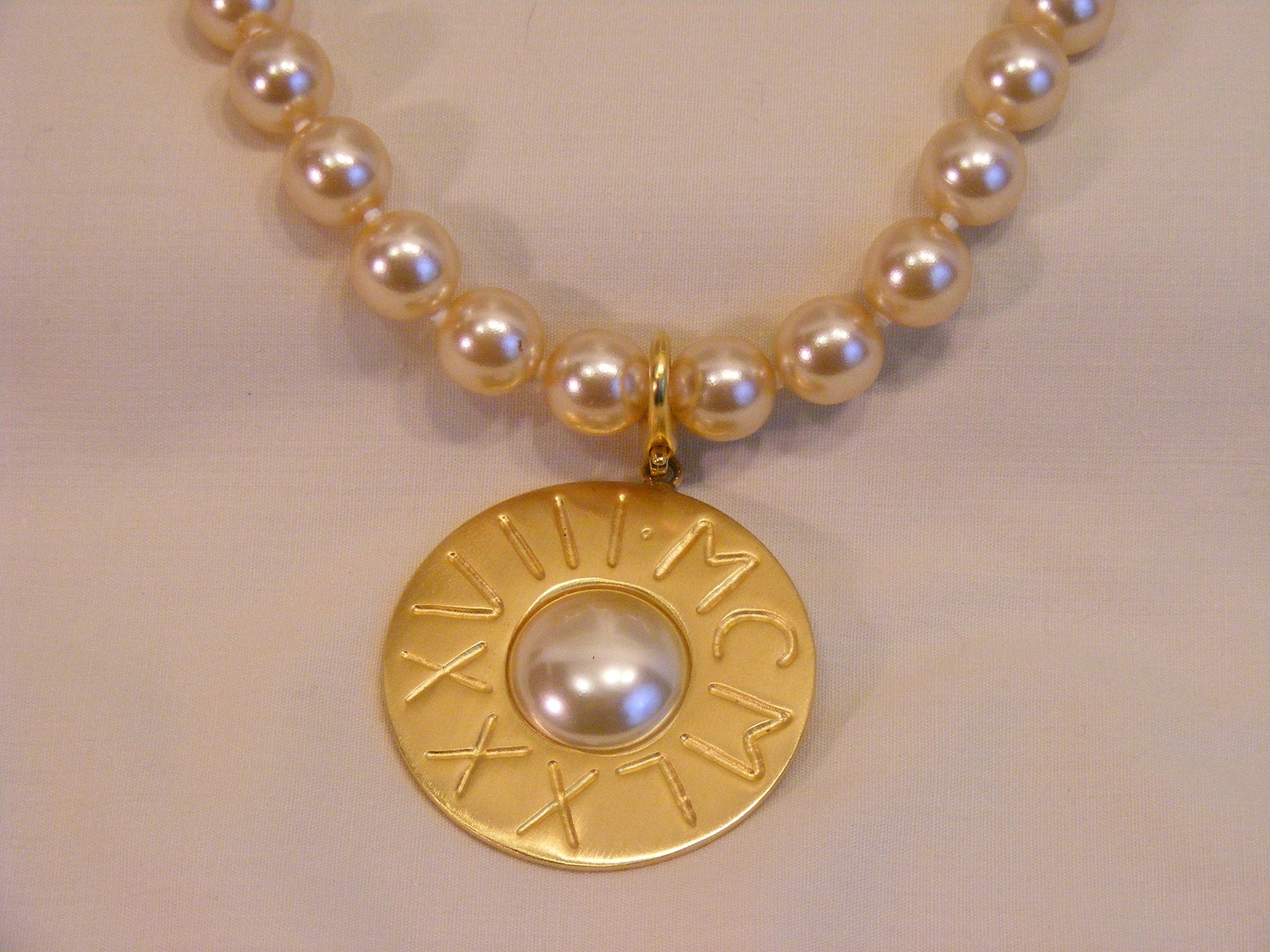 Large Glass Pearl Necklace With Roman Numeral Enhancer Etsy