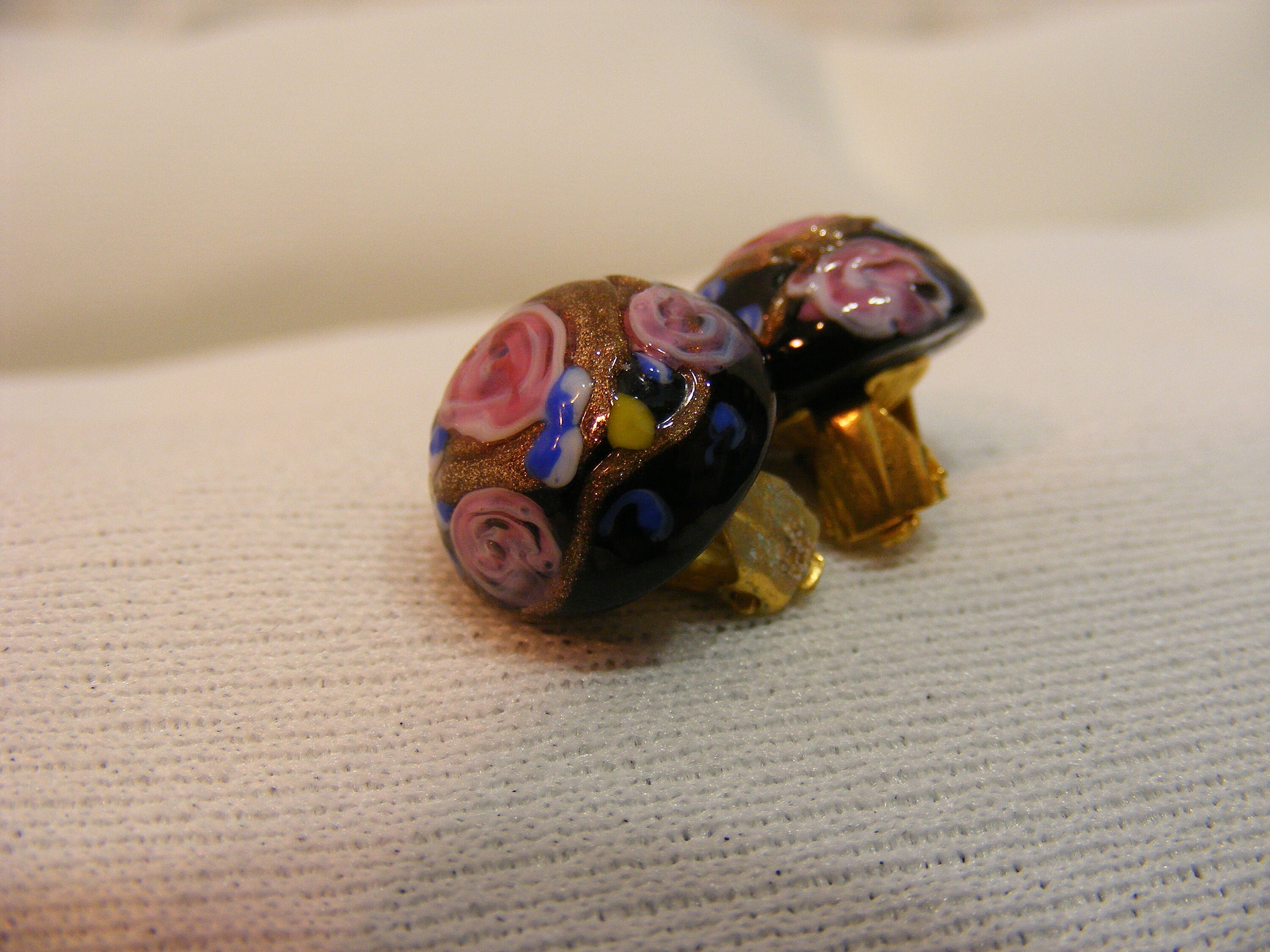Murano Art Glass Clip on Earrings, Dichroic Millefiori Style