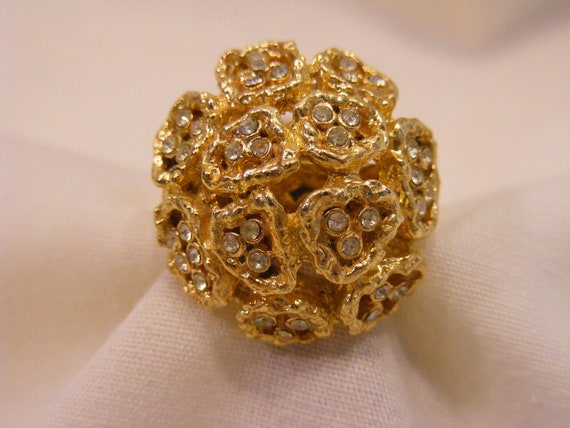 Free Form Flower Dome Ring, Rhinestone and Gold T… - image 1