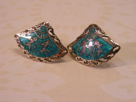 Siam Silver Enamel Screw Back Earrings, Asian Fan… - image 6