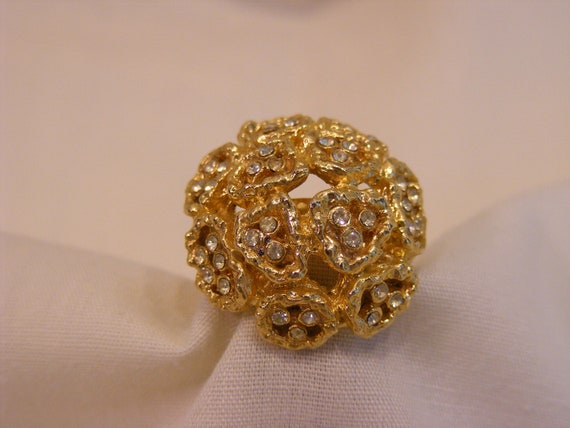 Free Form Flower Dome Ring, Rhinestone and Gold T… - image 2