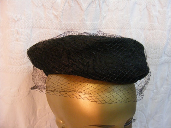 Vintage Black Damask Pill Box Hat with Netting - image 3