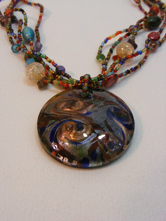 Dichroic Glass Pendant on Five Strand Seed Bead N… - image 6
