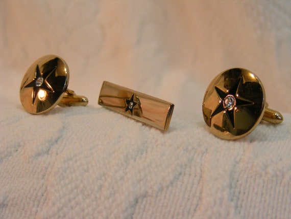 Vintage Cuff Links and Tie Bar Set, Gold Tone wit… - image 3