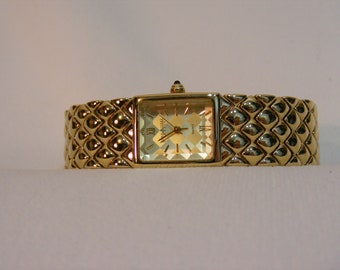 Joan Rivers Quilted Gold Band Beveled Glass Analog Women's Wrist Watch