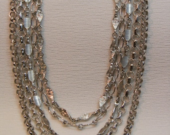 Vintage Five Strand Silver Tone Napier Necklace, Layered Look, Mixed Chain