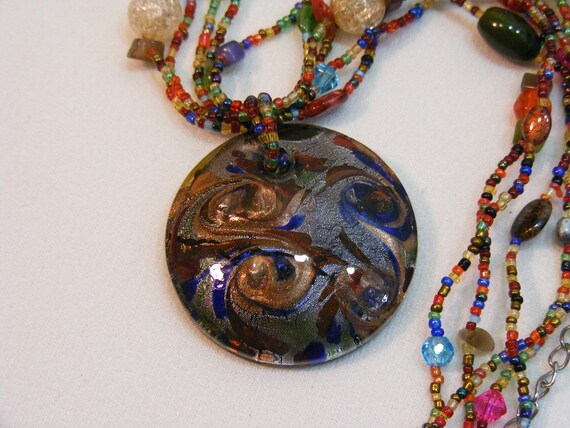 Dichroic Glass Pendant on Five Strand Seed Bead N… - image 4