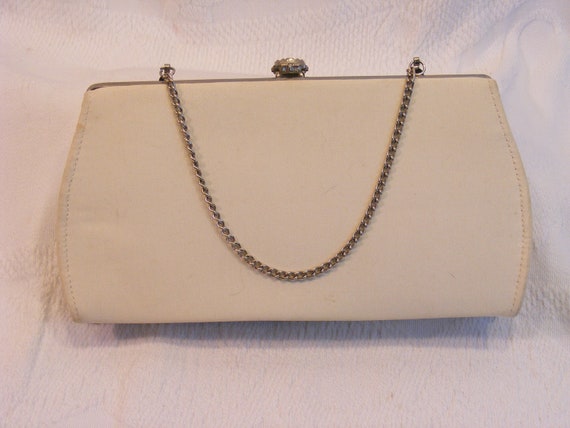 Vintage Ivory Linen Clutch with Rhinestone Closure - image 1