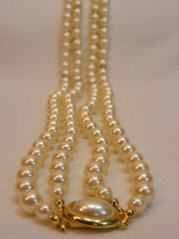 Double Strand of Faux Ivory Pearls with Enhancer Clasp Gem