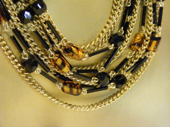 Multi Strand Bib Necklace in Black and Gold Art G… - image 1