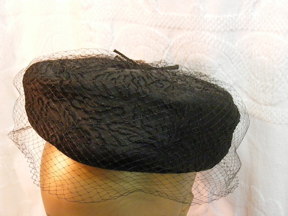 Vintage Black Damask Pill Box Hat with Netting - image 1