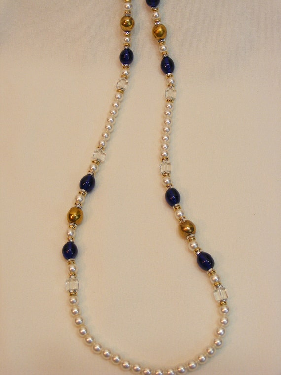 Long Strand of Pearls, Crystal and Sapphire Blue G