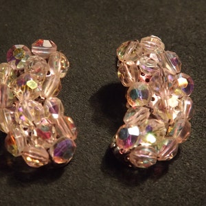 1950&#39;s Aurora Borealis Crystal Bead Clip on Earrings, Ear Climbers