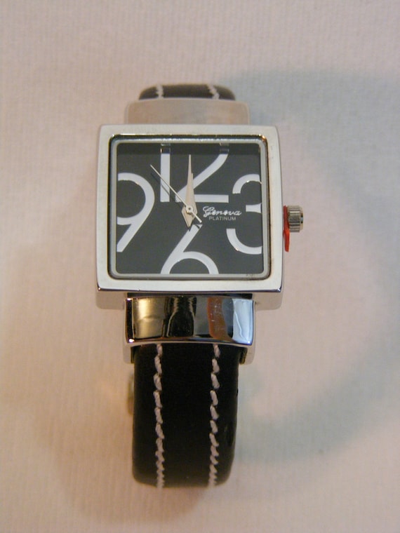 Geneva Big Face Clamper Watch, Black and Silver Gem