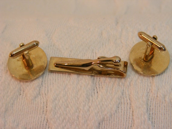 Vintage Cuff Links and Tie Bar Set, Gold Tone wit… - image 6