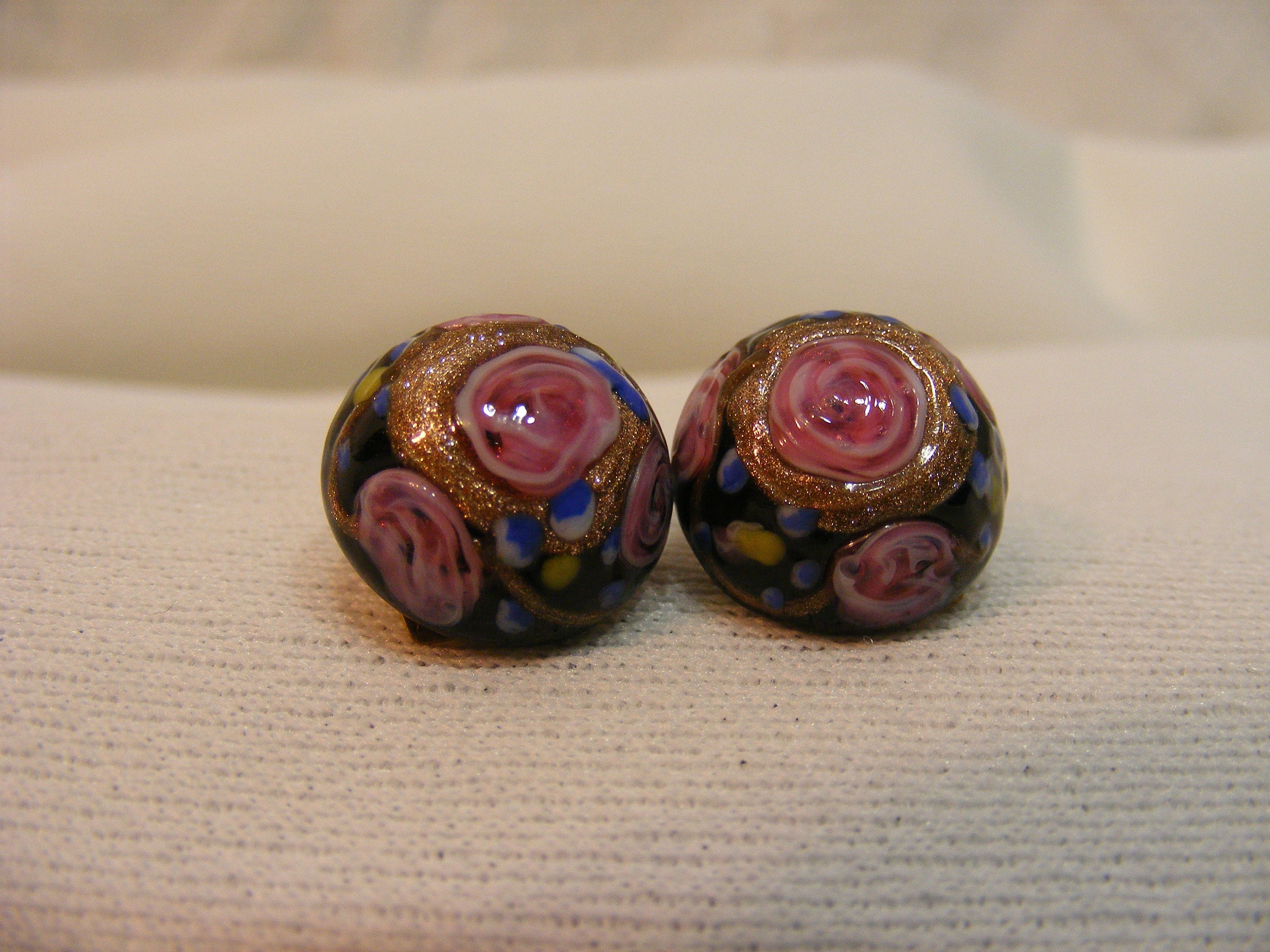 Murano Art Glass Clip on Earrings, Dichroic Millefiori Style