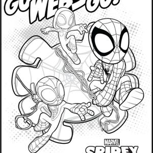 Peut inclure: Illustration en noir et blanc de trois personnages de Spidey de "Spidey and His Amazing Friends" de Marvel. L'image comprend le texte "GO WEBS GO !" et le logo de l'émission. Les personnages sont posés sur une pièce de puzzle.