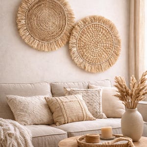 Manteles individuales con flecos / Decoración de pared de mimbre hecha a mano / Arte de pared bohemio natural / Tapiz ecológico. Pieza única.