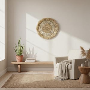 Könnte beinhalten: Ein Wohnzimmer in neutralen Tönen mit einem Wandbehang aus geflochtenem Material, einer Bank mit einer Topfpflanze und einem gemusterten Teppich. Ein weißer Sessel mit einer Decke und ein kleiner Beistelltisch aus Holz vervollständigen das Ambiente.