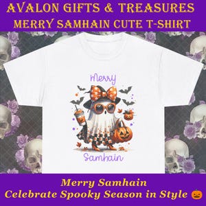 Merry Samhain T-Shirt Cute Ghost Halloween Shirt with Pumpkin & Coffee, Wiccan Witchy Fall Tee, Spooky Season Gift for Her