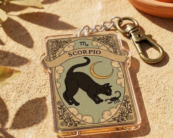 Scorpio Tarot Card Acrylic Keychain, Black Cat Astrology Keyring, Zodiac Scorpio Gift, Spooky Aesthetic Bag Charm