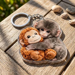 May include: A clear acrylic keychain featuring a gray monkey hugging a brown plush monkey. The keychain has a silver ring and chain. The monkeys have detailed facial features and are set against a wooden background.