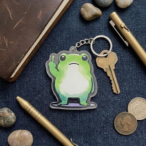 May include: A green and white frog keychain with a middle finger gesture. The keychain is attached to a silver chain and key ring. Other items in the image include a key, pens, coins, and a notebook.