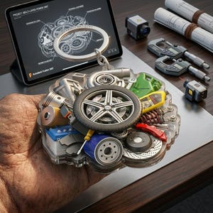 May include: A clear acrylic keychain featuring a collection of automotive parts, including a tire, brake rotor, and oil filter. The keychain is held in a hand, with a tablet displaying an engine diagram in the background.