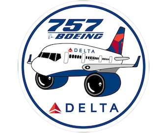 May include: A round sticker featuring a cartoon airplane design. The plane is white and blue with the text "757 BOEING" and "DELTA" in blue and red. The plane has large blue wheels and is set against a white background.