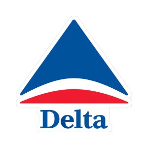May include: A sticker featuring the Delta logo. The logo consists of a blue triangle over a red stripe, with the word "Delta" in blue, sans-serif font below. The sticker has a white border.