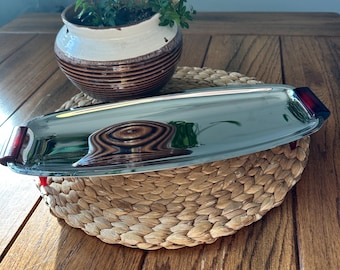 Vintage Glo-Hill Gourmate Mid-Century Modern Stainless Steel Tray – Cherry Red Bakelite Handles & Feet