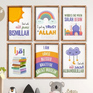 Juego de 6 carteles imprimibles con frases de afirmación islámicas para niños: "Confía en Alá", "Recuerdo del dhikr" y "Salah Iqra".