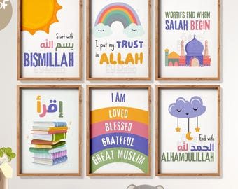 Islamitische kinderen citaten affirmatie muur kunst set van 6, Allah vertrouwen, Remembrance Dhikr, Salah Iqra, afdrukbare posterbundel, moslimkinderen