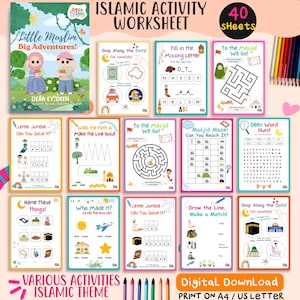 May include: An Islamic activity worksheet set with 40 sheets, featuring mazes, letter puzzles, and matching games. The cover reads "Little Muslim Big Adventures!" and "Dear Ey Deen". Includes coloured pencils and the text "Digital Download".