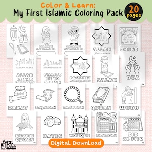Islamic Coloring Pages for Kids, My First Coloring Book, Printable Easy Islamic Words, Muslim Preschool Children Ramadan Activity Pack PDF