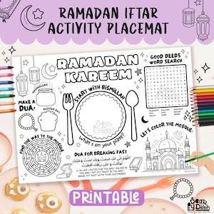 May include: A printable Ramadan Iftar activity placemat with the words "Ramadan Kareem" and "Printable". Includes a word search, maze, and coloring activities. Features a plate, fork, spoon, and mosque illustrations.