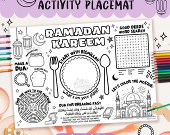Ramadan Iftar Activity Placemat: Make a Dua, Maze, Draw your plate, Color Mosque, Word Search, Breakfast Dua Muslim Kids (PDF Download)