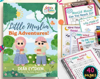 May include: A colorful printable activity book titled "Little Muslim Big Adventures!" with a cover featuring cartoon children. The image includes activity sheets, a binder, and the text "40 pages". The words "Digital Download" are also visible.