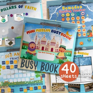 Könnte beinhalten: Eine Sammlung farbenfroher Lernaktivitätsblätter für Kinder, darunter ein Ramadan-Fasten-Tracker, eine 6-Säulen-des-Glaubens-Tabelle und ein Mini-Muslim-Busy-Book. Das Set enthält 40 Blätter mit verschiedenen Aktivitäten und Puzzles.