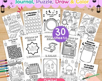 Ramadan Coloring Activities Worksheet Kids - Journaling, Coloring & Tracker, Calendar, Puzzle Maze Draw (PDF Printable Activity Pack)