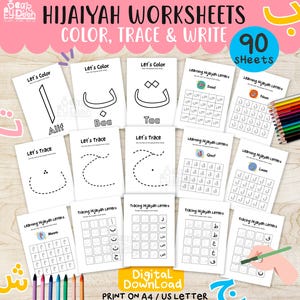 Pode incluir: Um conjunto de folhas de trabalho brancas para aprender o alfabeto árabe, com atividades de traçado e coloração. As folhas de trabalho são rotuladas com as palavras "Color, Trace & Write" e "Digital Download".